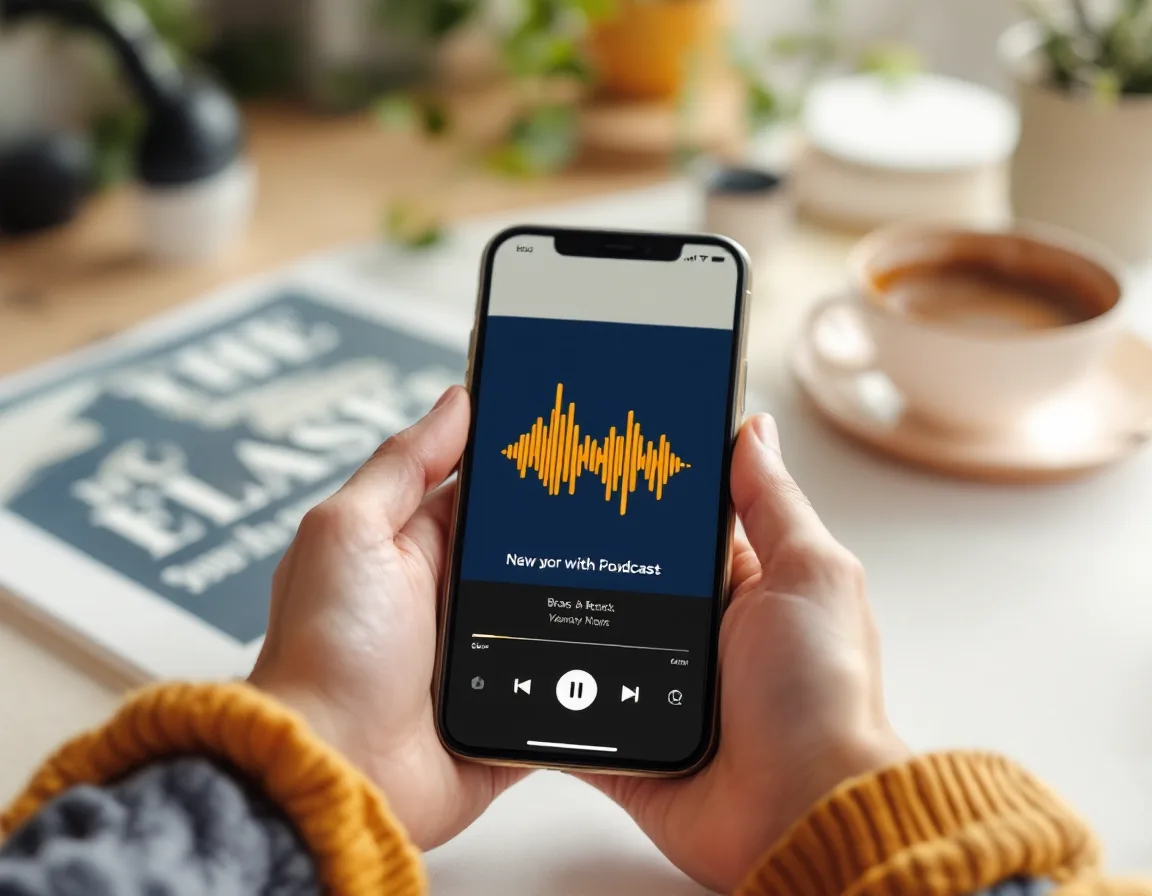 A branded podcast audiogram clip playing on a phone